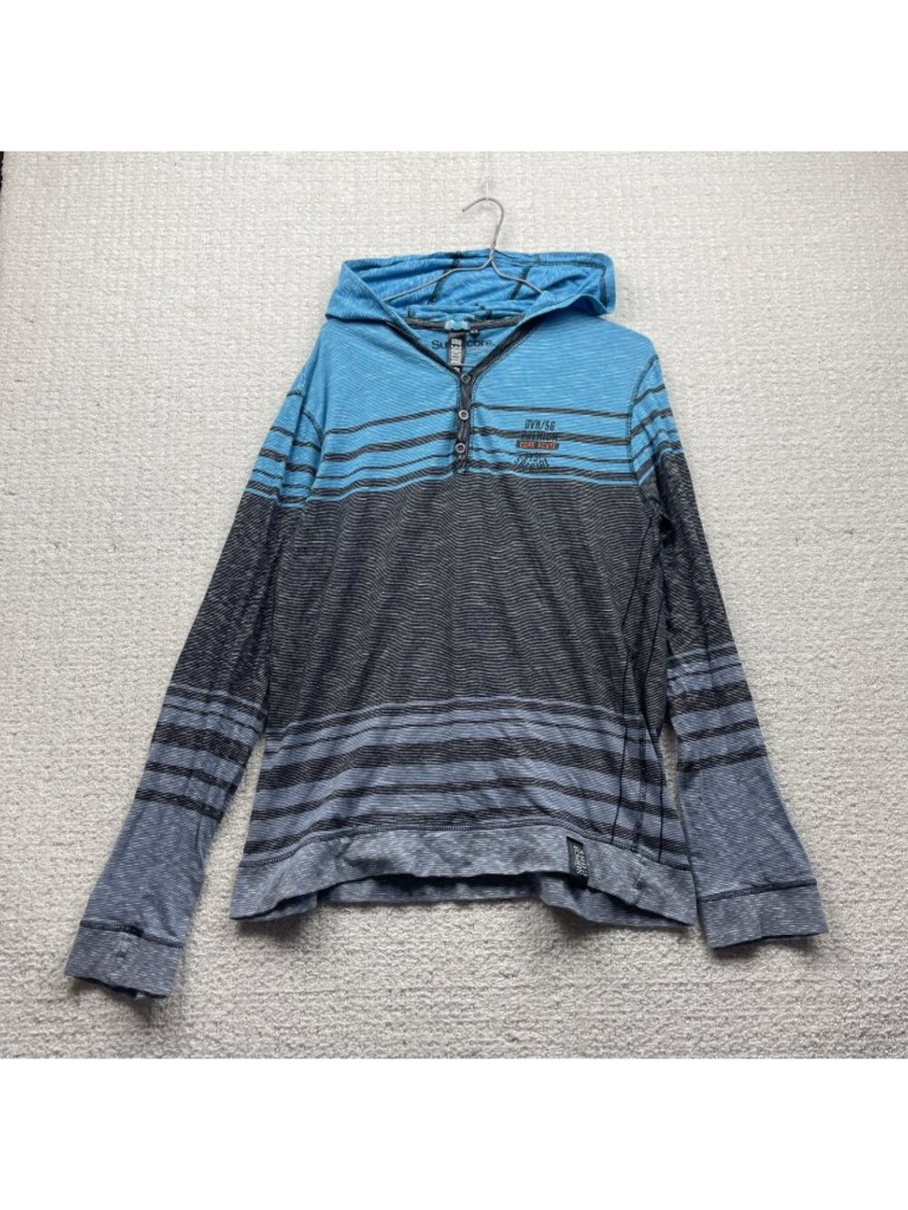 Y2K Supercore Henley Hoodie Mens Sz XL Long Sleeve Blue Striped Grunge Goth Alt